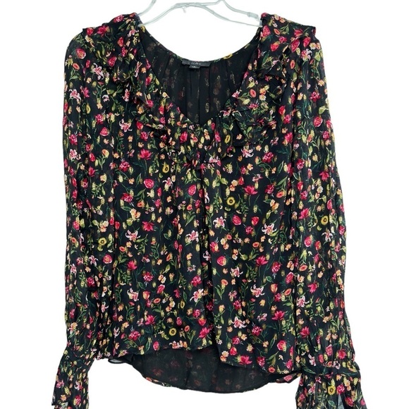 J CREW Ruffleneck Peasant Top Black Flora Gold Metallic Blouse Womens Large NWOT - Picture 4 of 15